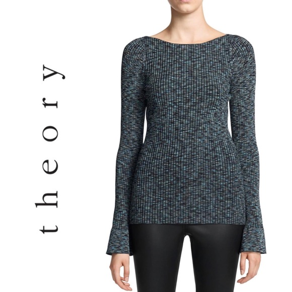 NWT💕Theory Cabled Print Ribbed Boatneck Sweater with Bell Sleeves Size P - Picture 1 of 14